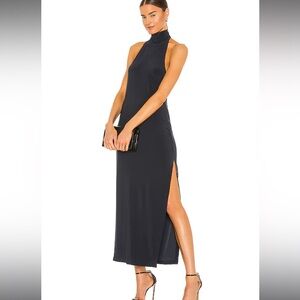 Norma Kamali Halter Turtle Side Slit Gown Navy / Pewter XS Midi Dress